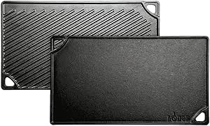 Lodge Reversible Cast Iron Grill/Griddle – 9.5 x 16.75 Inch Pre-Seasoned Cooking Surface – Flat & Ribbed Sides – Use on Stove, Grill, or Campfire – Made in the USA – Heavy-Duty, Black