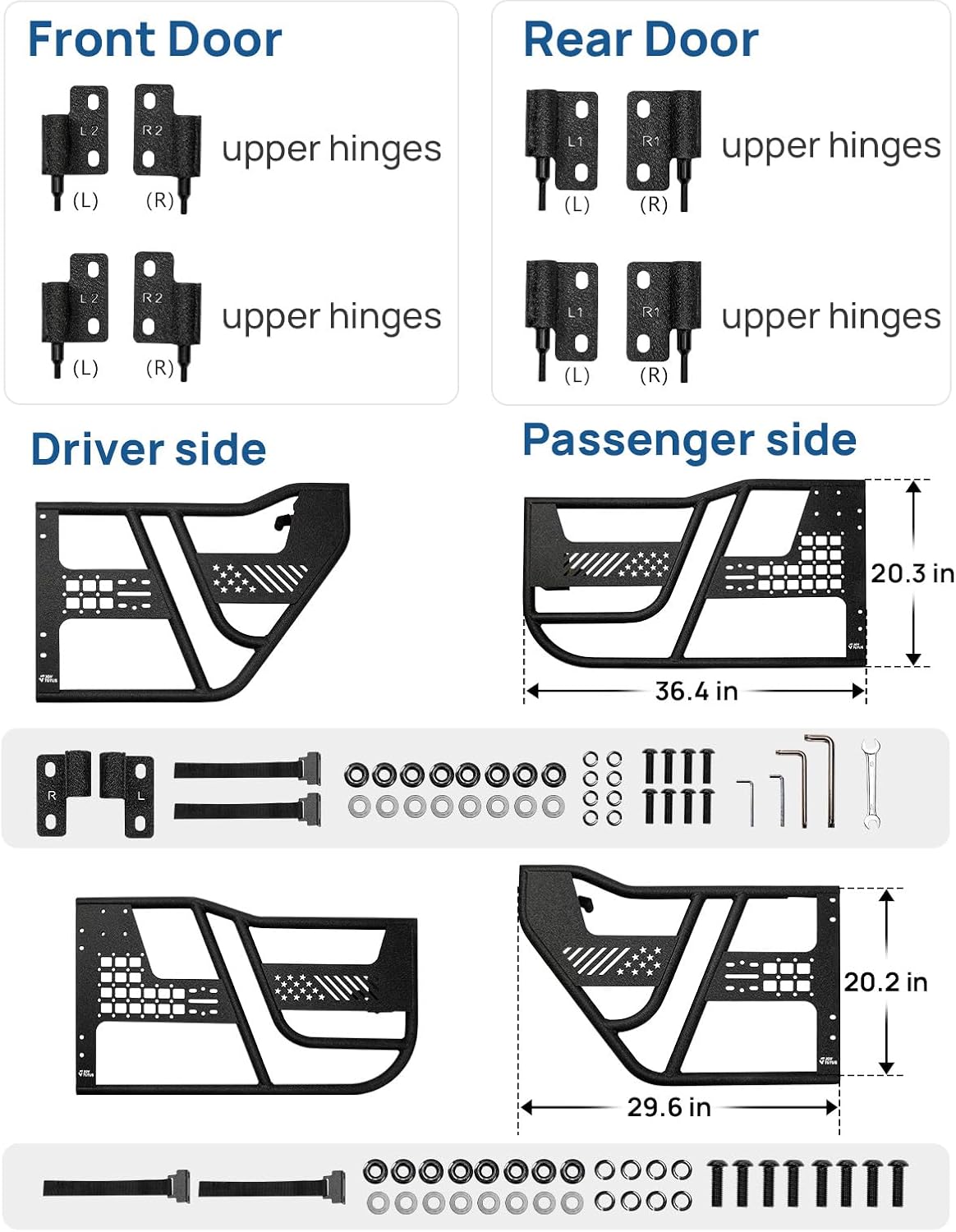 JOYTUTUS Tube Half Doors Compatible with 2018-2026 Wrangler JLU & 2020-2026 Gladiator JT 4 Doors, US Flag Pattern Off Road Front & Rear Tubular Doors for Adventure