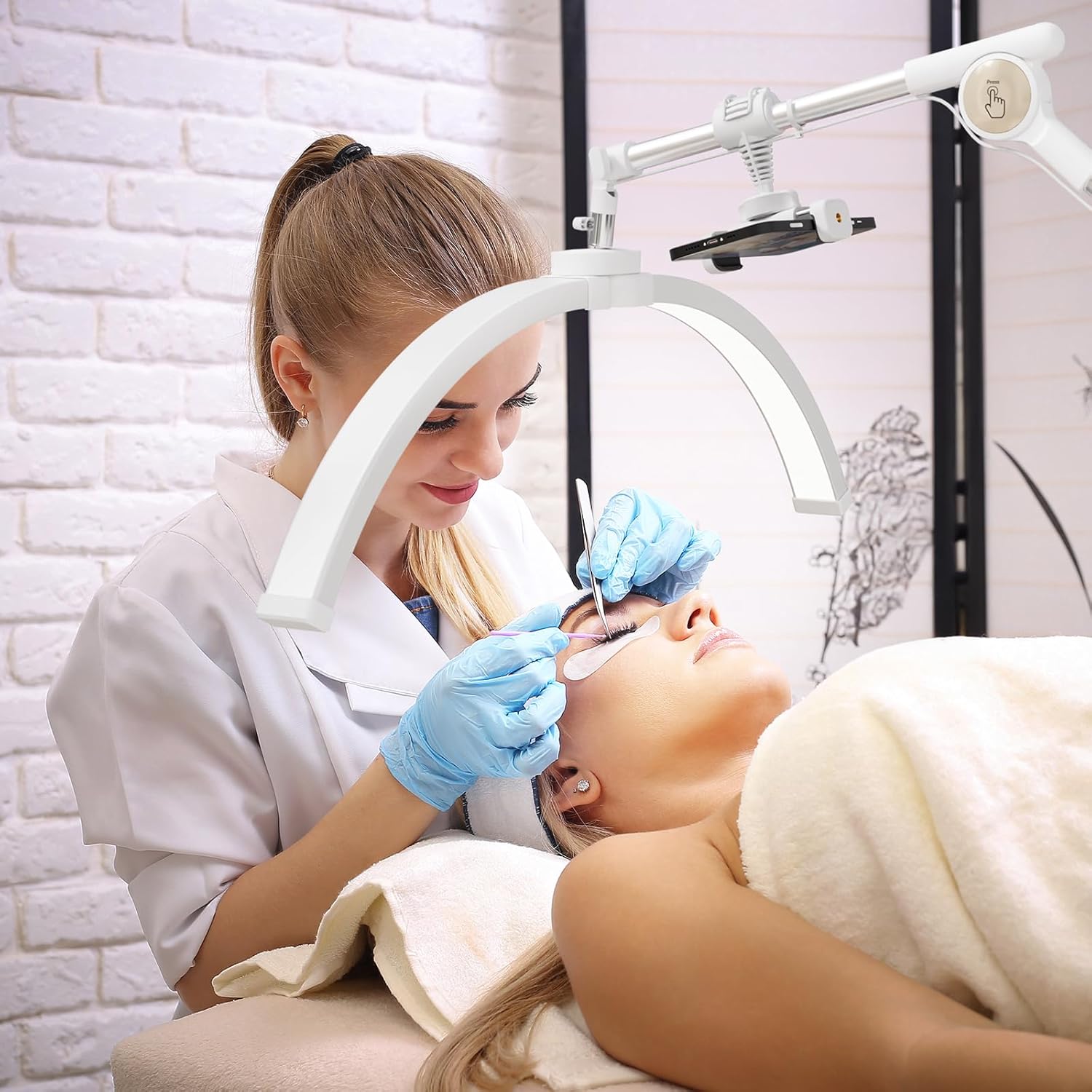 OmySalon Half Moon Light Lash Lamp, Movable Shadowless LED Floor Lamp w/Adjustable Height & Phone Holder, Dimmable Lighting for Eyelash Extensions, Lash Tech, Nail, Tattoo, Esthetician & Salon (White)