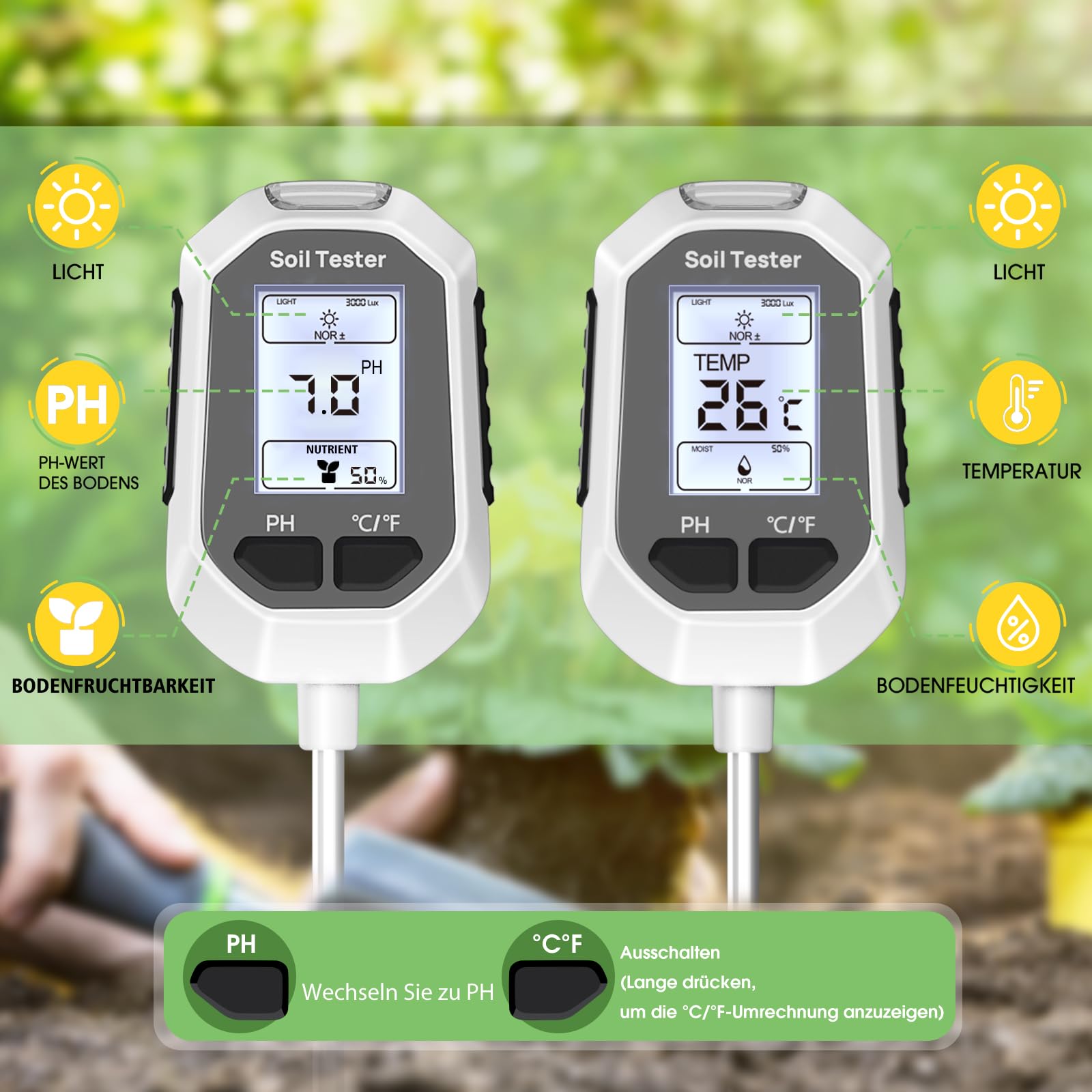YAMRON ph messgerät Erde, 5-in-1 Digital Plant bodenmessgerät with PH Value/Temperature/Feuchtigkeit/Licht für Gartenarbeit, Farm, Rasen, Landwirtschaft und Outdoor-Pflanzen