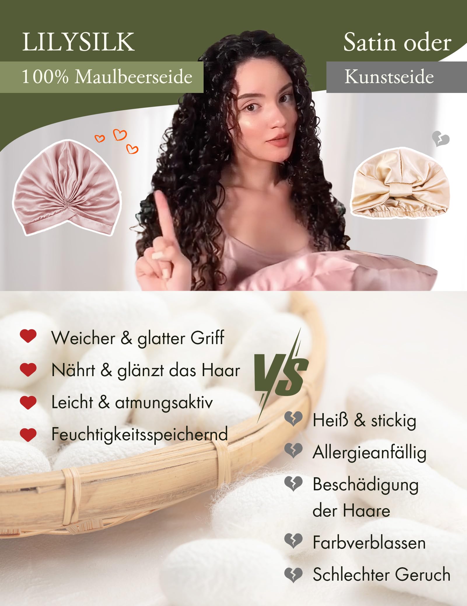 LilySilk 100% Maulbeerseide Schlafmütze für lockiges Haar Seide Bonnet Nacht Schlafmütze Kopfbedeckung Haarwickel für Frauen mit elastischem Band