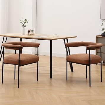 Ya-Home Modern Dining Chairs Set of 2, Upholstered PU Side Chair Armchair with Barrel Backrest Black Metal Frame for Dining Room Living Room, Brown