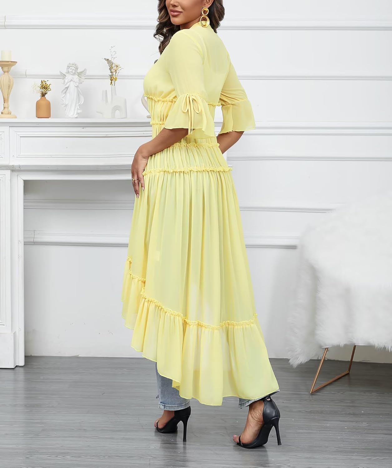 Aro Lora Women's Button Down Shirt Dress Sheer Chiffon V Neck Asymmetrical Ruffle Summer Beach Maxi Dress - Image 4