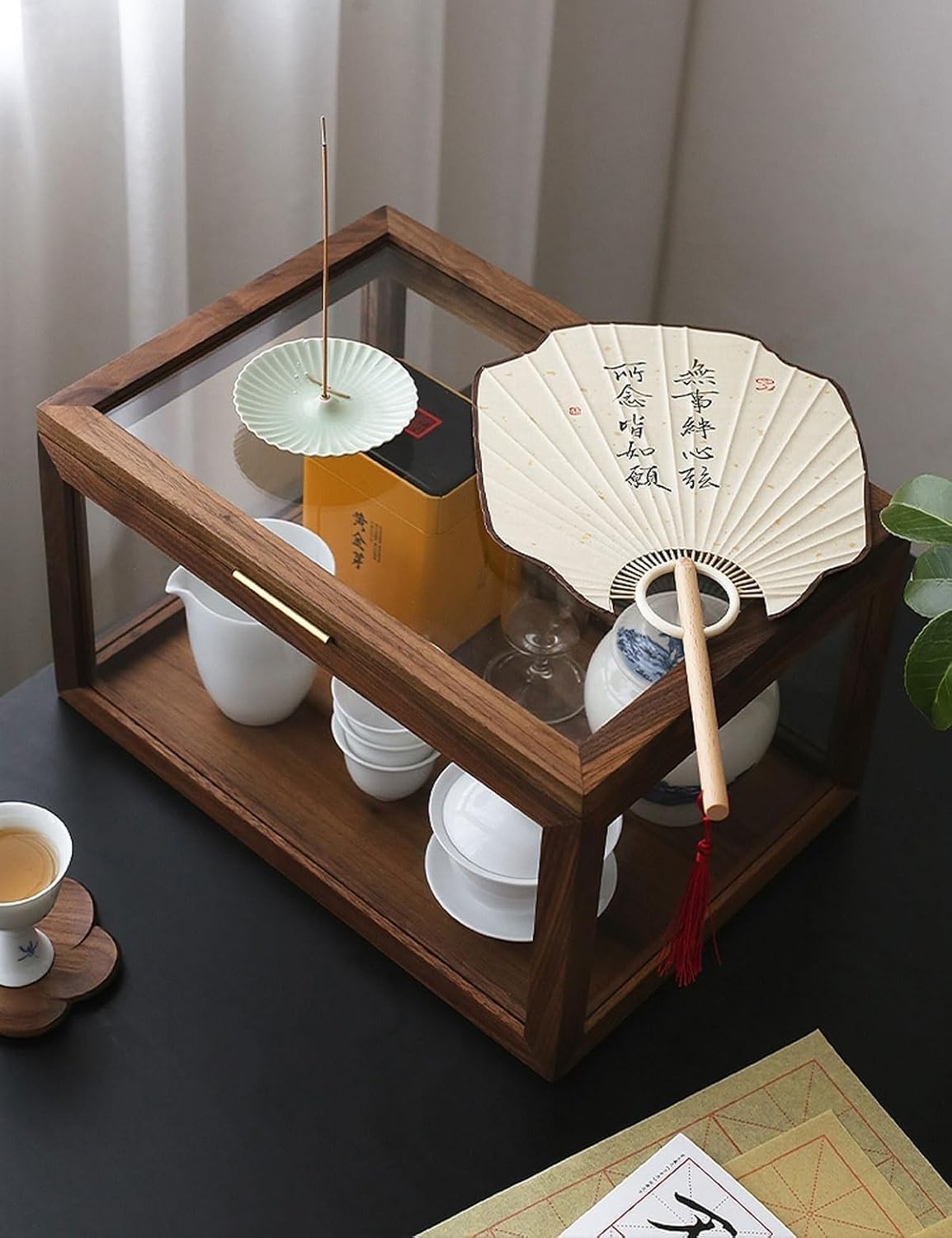 Black Walnut Wood Display Box With Lid,Clear Glass Storage 13.77 Inch Tea Set Dustproof Protection Showcase