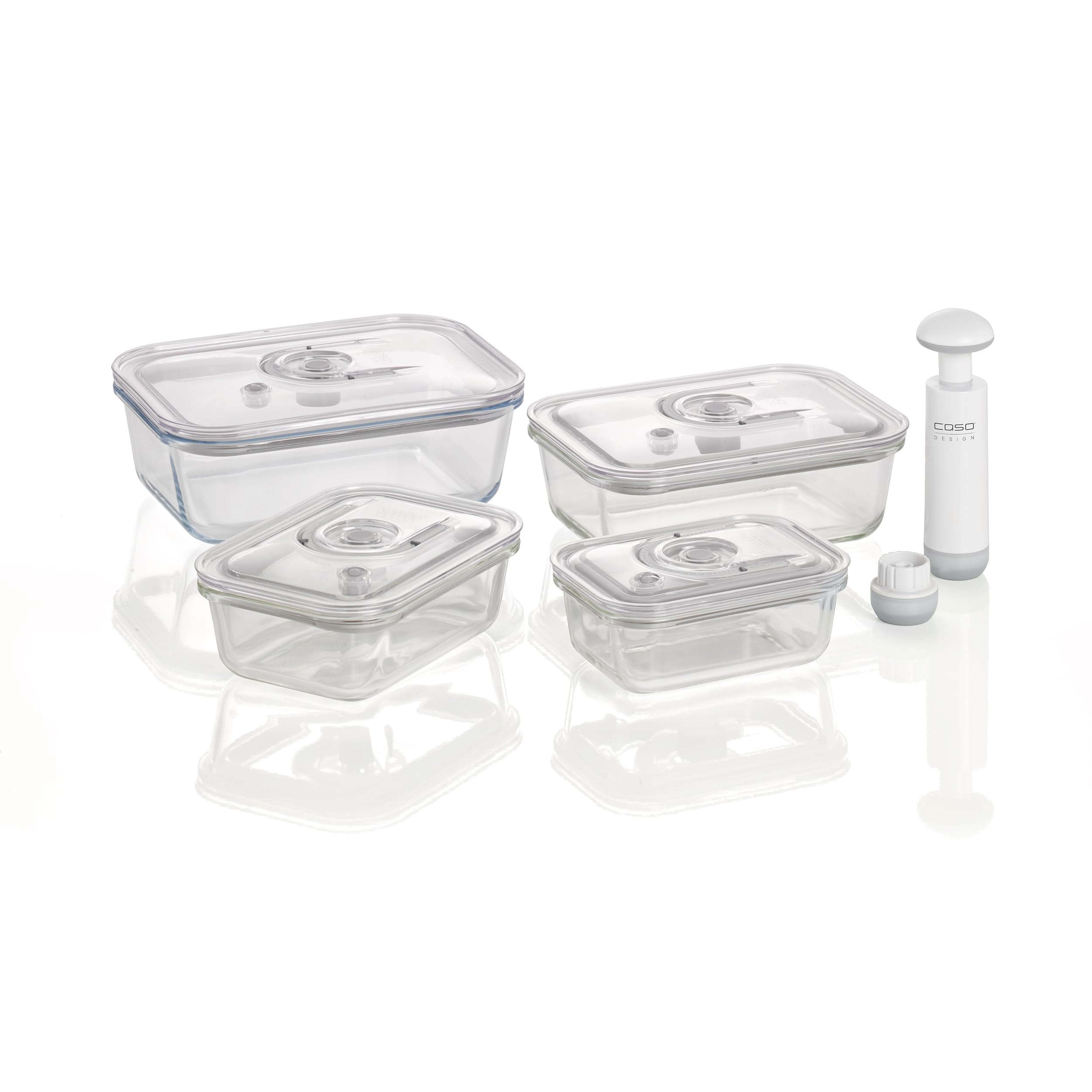 CASO VacuBoxx E-Set - 4 extrem stabile eckige Vakuumbehälter aus Borosilikatglas, BPA-Frei, hitzebeständig, spülmaschinenfest, gefriergeeignet, geschmacksneutral, genaue Datumseinstellung