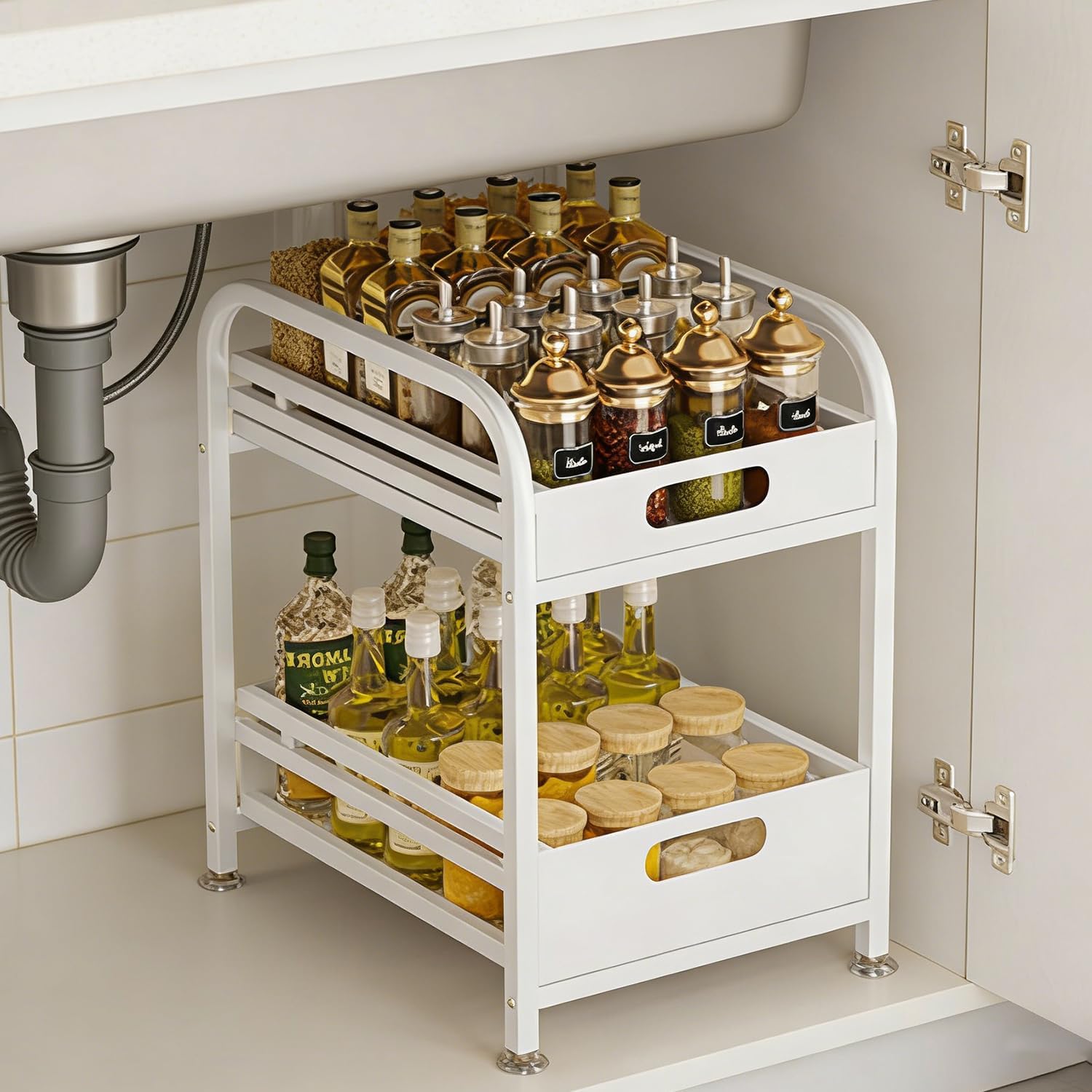 2 Tier Pull-out Storage Organizer, Slide Out Kitchen Cabinet Storage Sliding Shelves, Under Sink Organizers Drawer, Multi-Purpose Storage Rack for Kitchen Pantry, Bathroom Countertop Storage (White)