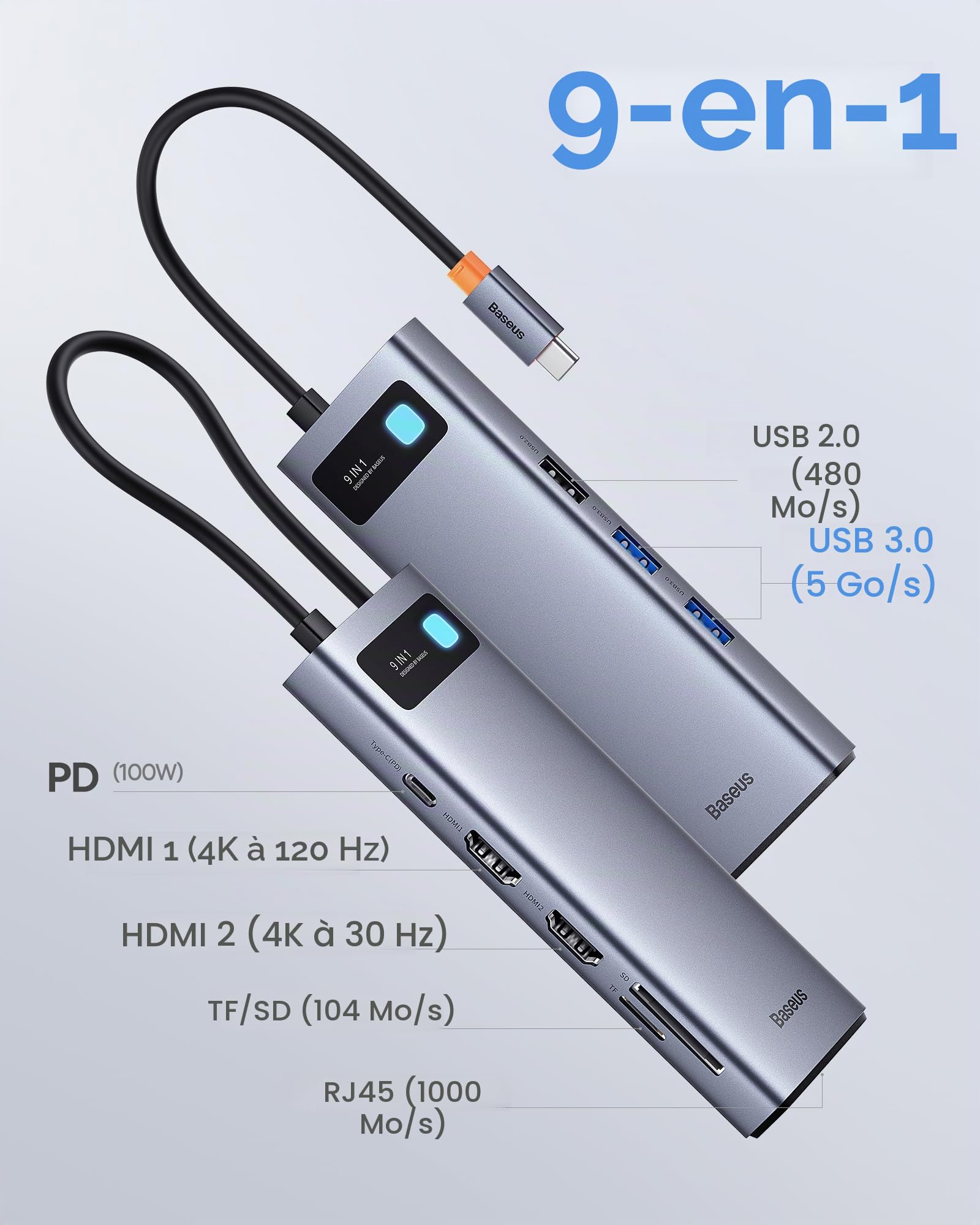 Baseus Station d'accueil 4K @ 120 Hz, Stations d'accueil 9 en 1 2 HDMI Double écran, 1000 Mbp Ethernet, 100 W PD, Lecteur de Carte TF/SD, 3 USB, Adaptateur multiport pour