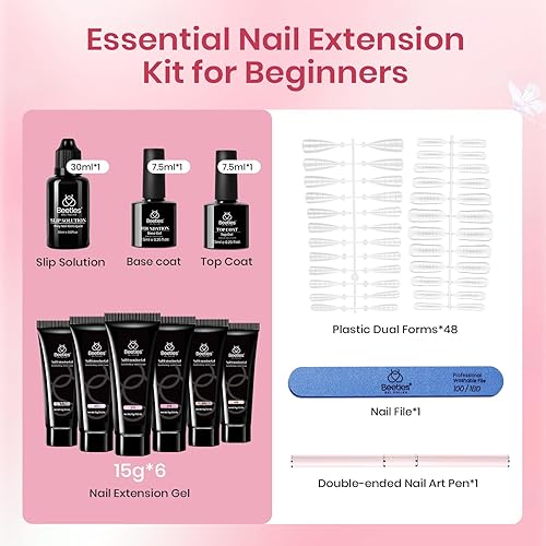 Miniatura 144 de Beetles - Kit de gel de extensión de uñas de polietileno con luz UV: juego de 6 colores de gel constructor rosa con purpurina blanca con capa base