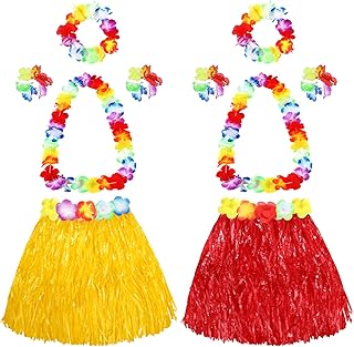 Elastic Hawaiian Hula Grass Skirt with Flower Costume Set for Party Beach Dance Fancy Dress, Multicolor, 2 Sets - Buy now