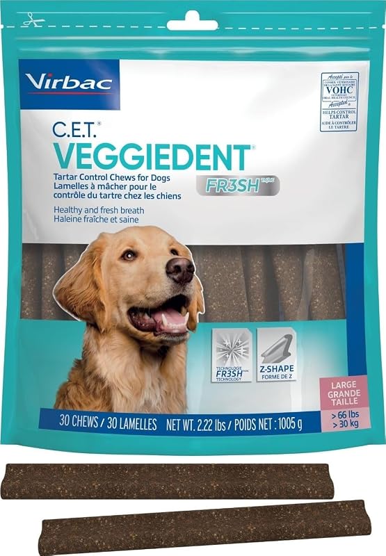 C.E.T. Veggiedent Fr3sh Plaque and Tartar Control Chews for Dogs, Large | Vet recommended dental chews, plant-based formula, supports canine digestive health, VOHC approved for plaque & tartar