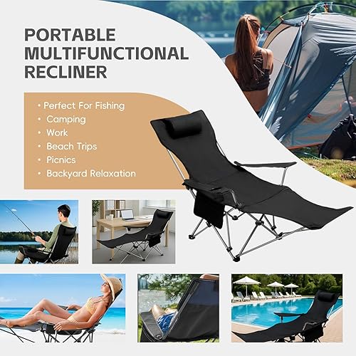 Miniatura 7 de Silla de camping reclinable con reposapiés extraíble, silla de playa ajustable con reposacabezas acolchado, portavasos y bolsa de transporte, silla