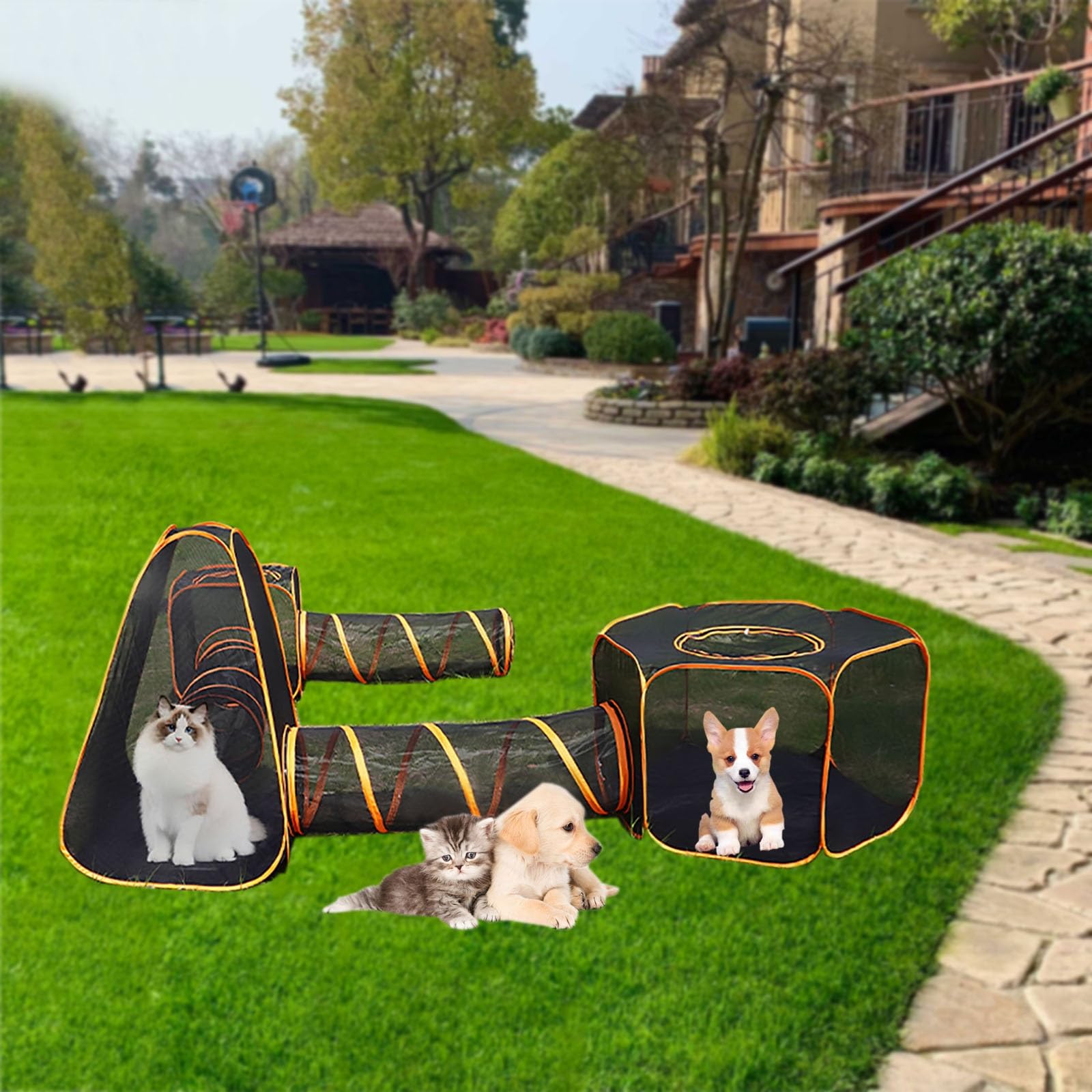 Túnel para Gatos 6 en 1, Recintos para Gatos al Aire Libre, Túnel de Empalme Libre para Recintos para Mascotas Plegables para Interiores y Exteriores, para Cachorros, Gatitos, Conejos, Cobayas