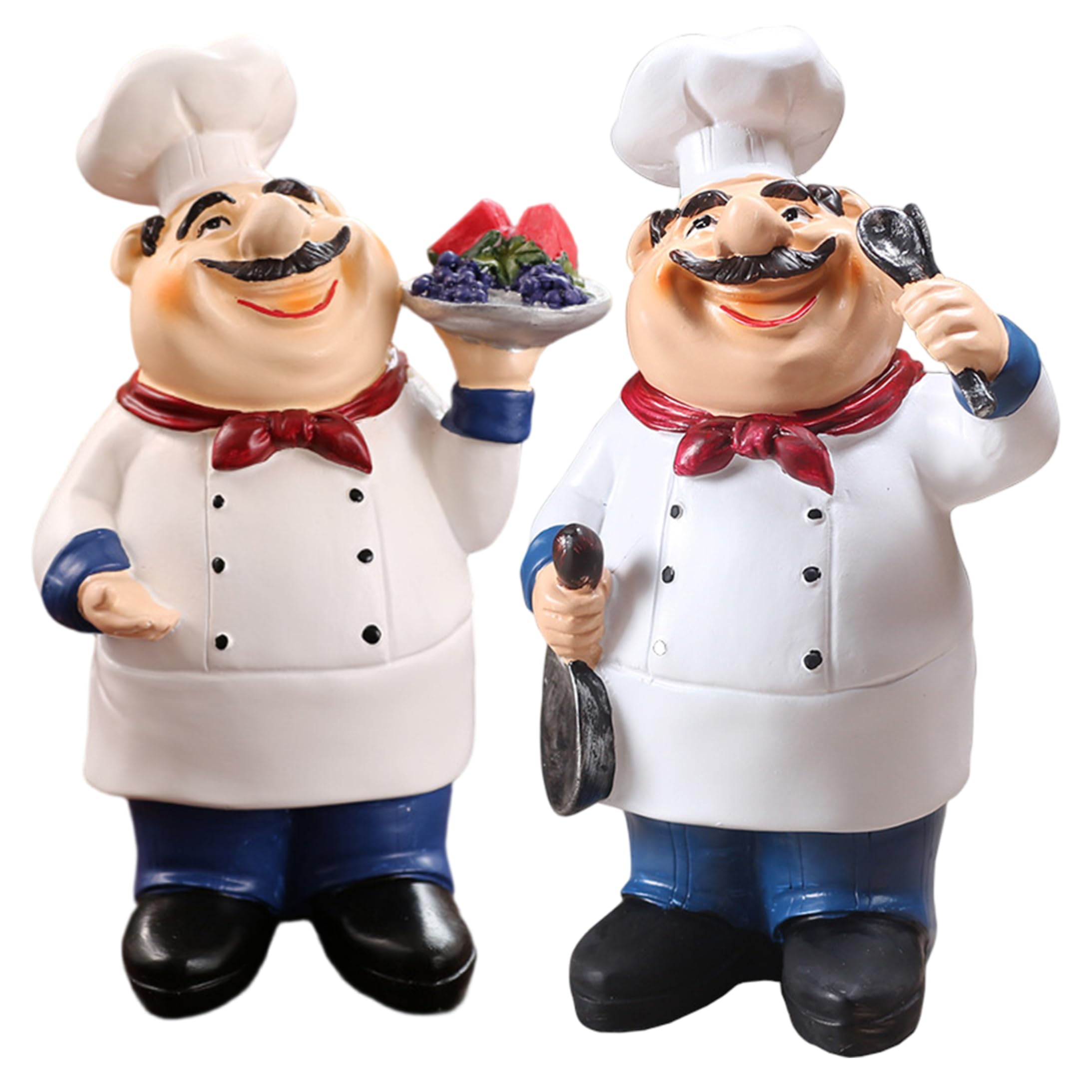 Ameble 2PCS Retro Cartoon Fat Chef Figurines Set, Resin Chef Kitchen Decor Holding Fruits & Tableware, Funny Statue for Kitchen, Restaurant, Counter