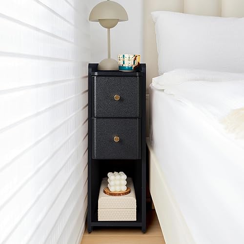 Narrow End Table Bedroom, Wooden Small 2 Drawer Nightstand, Thin Couch Side End Table, Skinny Bedside Table Small Spaces, Mid Century Modern Night Stand with Drawers (Black-1 pc)
