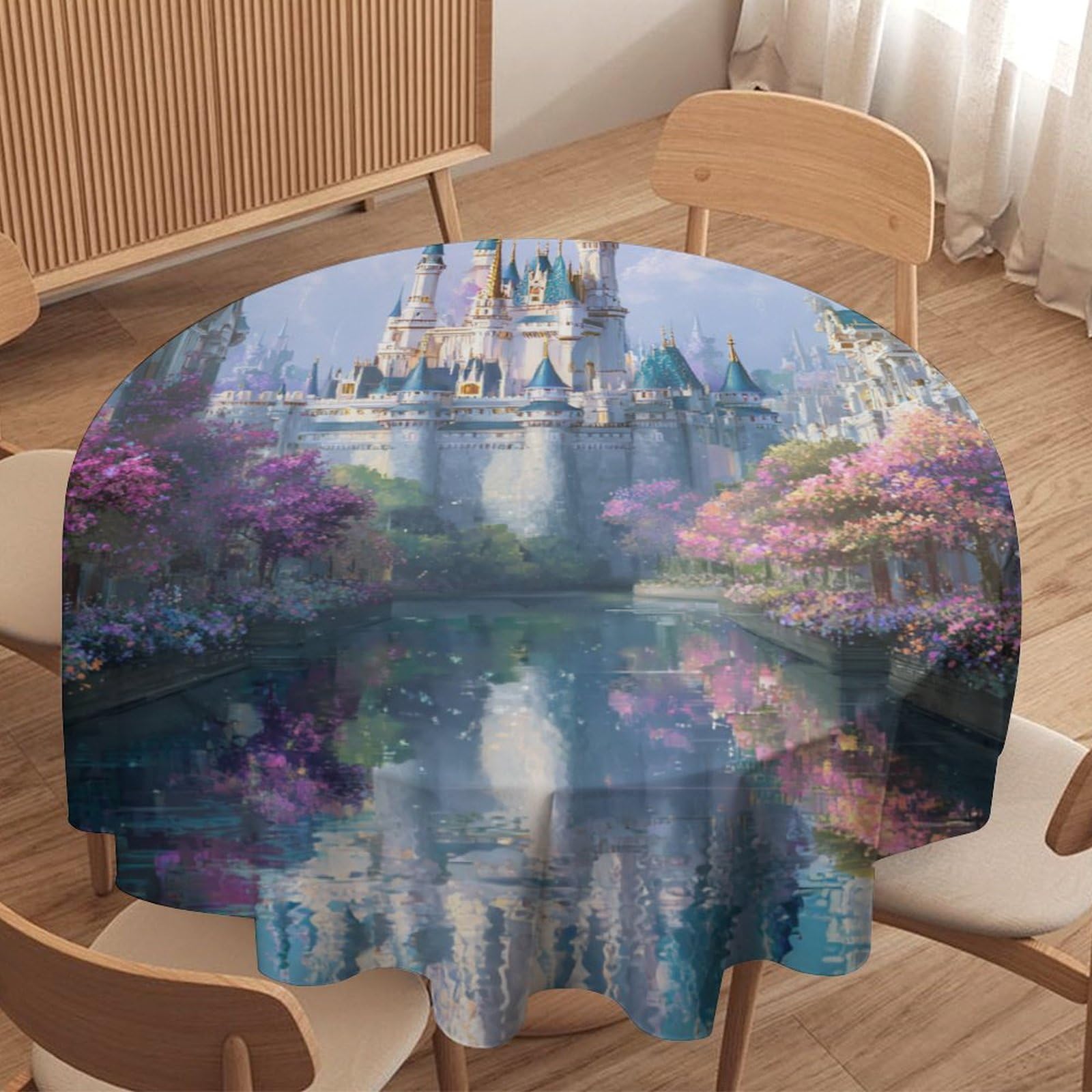 LUYYSKY Beautiful Rustic Magic Castle Waterproof Round Tablecloth Beautiful Rustic Fairy Tale Forest Rainbow Colorful Cherry Blossoms Washable Table Cover for Kitchen-152.4" Wx152.4 L cm