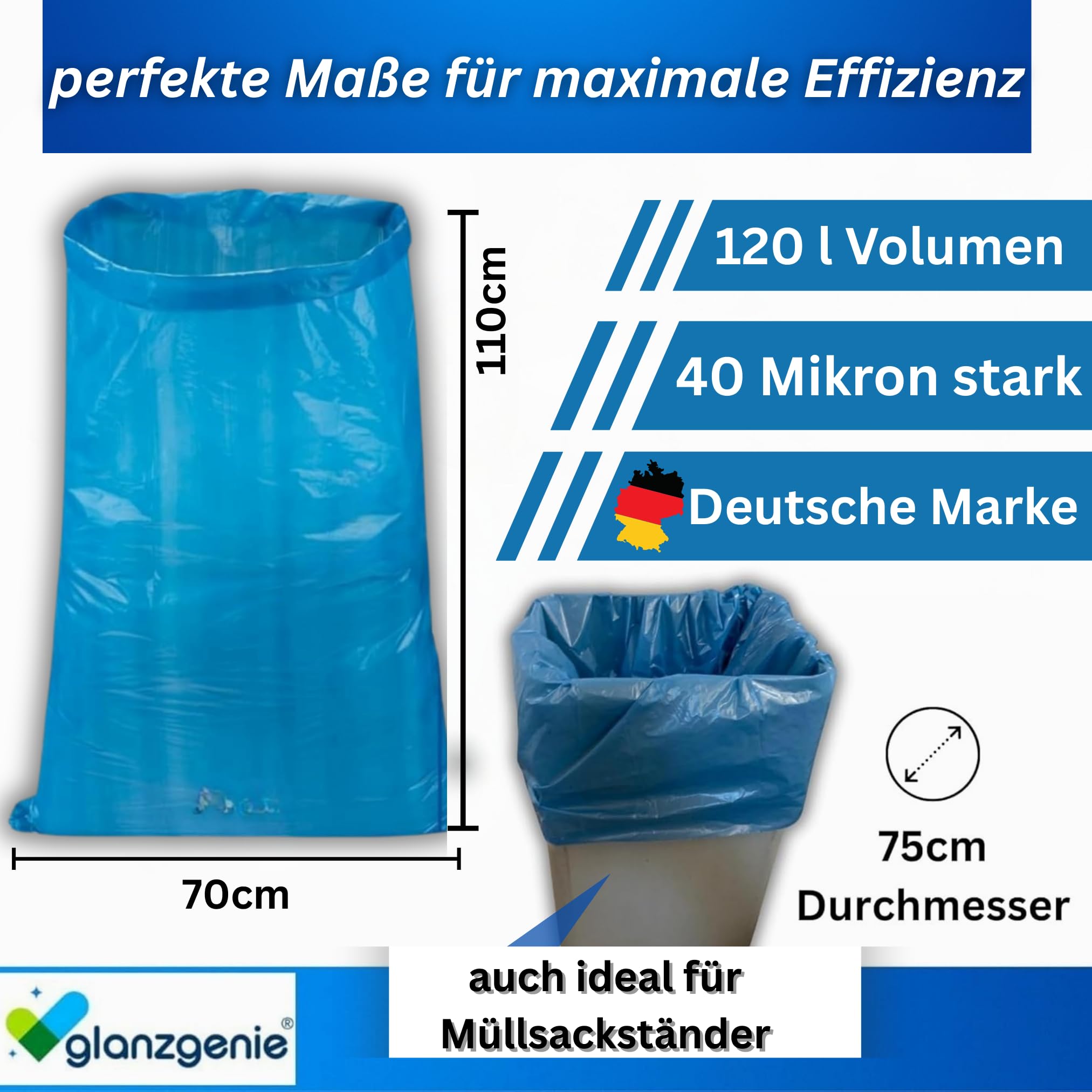 250 Stück reißfeste Müllsäcke 120 L, 42 μm | Typ 70 | 10 Rollen à 25 Stück| XXL Abfallbeutel - 700x1100mm | LPDE, blau | praktische Abfallsäcke leichte bis mittlere Entsorgungsaufgaben