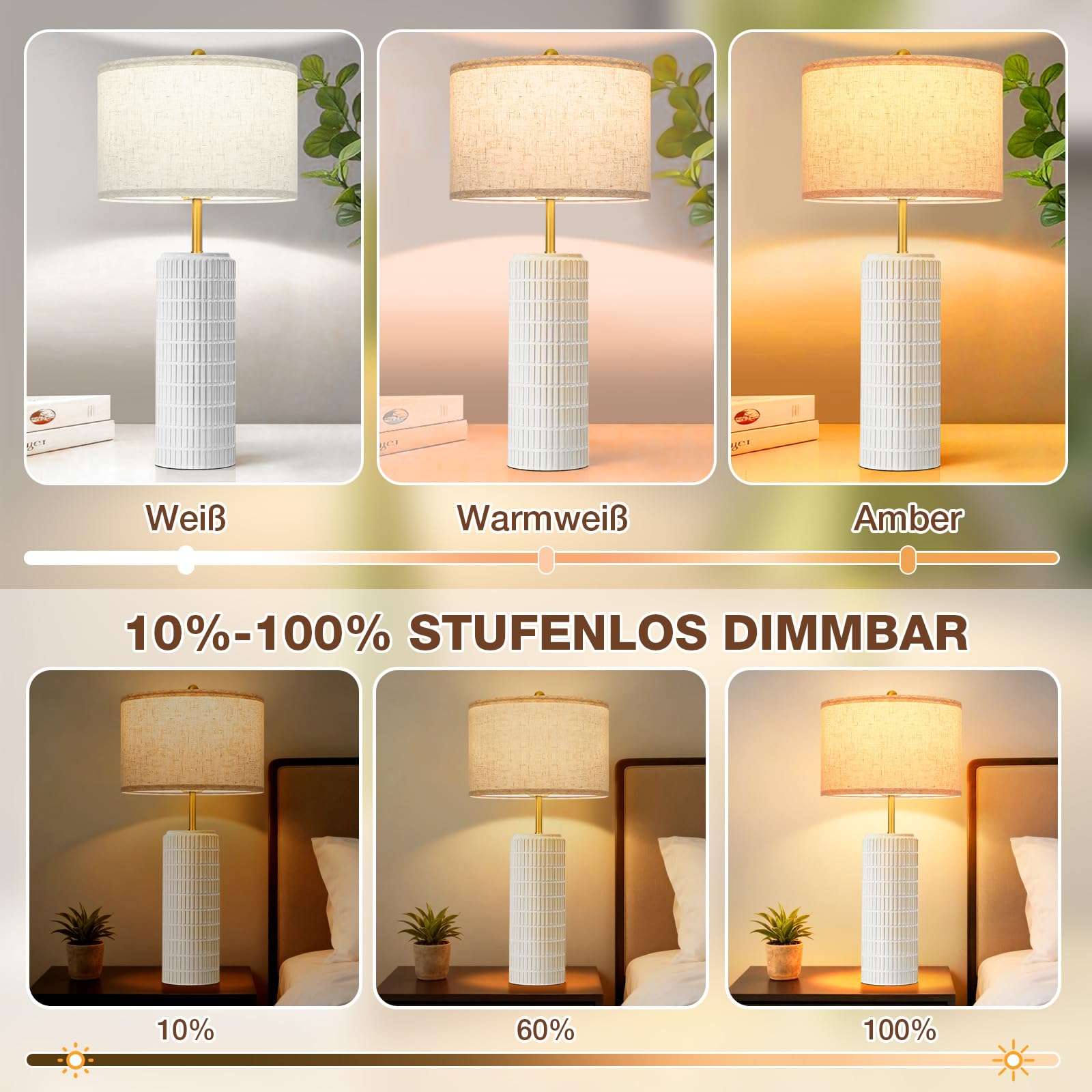 Tischlampe Keramik 2er Set mit Timer, Dimmbar Nachttischlampe Fernbedienung | 1.3kg Keramiksockel & Leinenschirm mit Stufenlos 3 Farbtemperaturen Dimmbar, Vintage für Schlafzimmer, Wohnzimmer, Büro