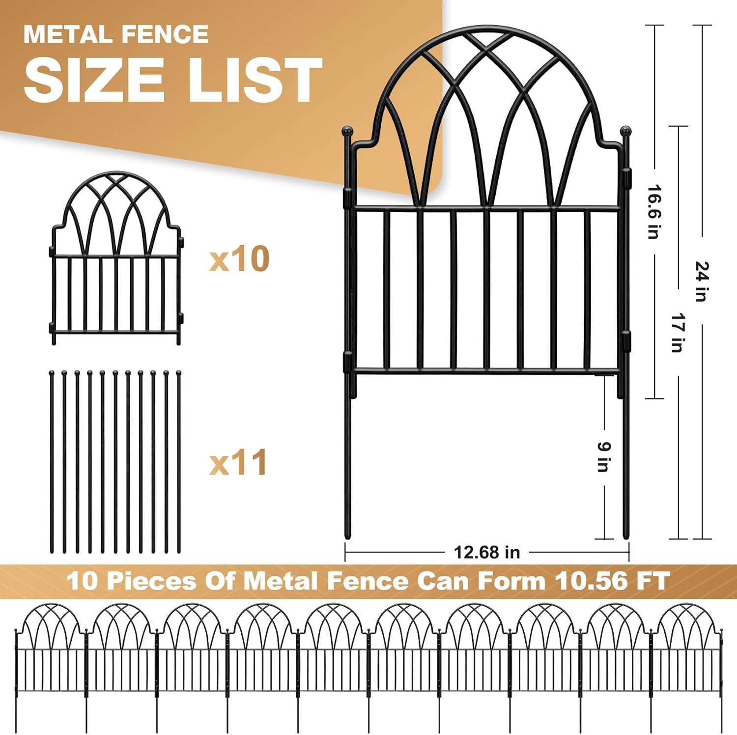Garden Fence - 24 in(H) x 10.56ft(L) Arched Metal Fence Panel No Dig Fence, Ground Stake Animal Barrier Fence for Dog, Flower Bed Edging Wire Border Panel Fencing for Yard Patio Outdoor Decor