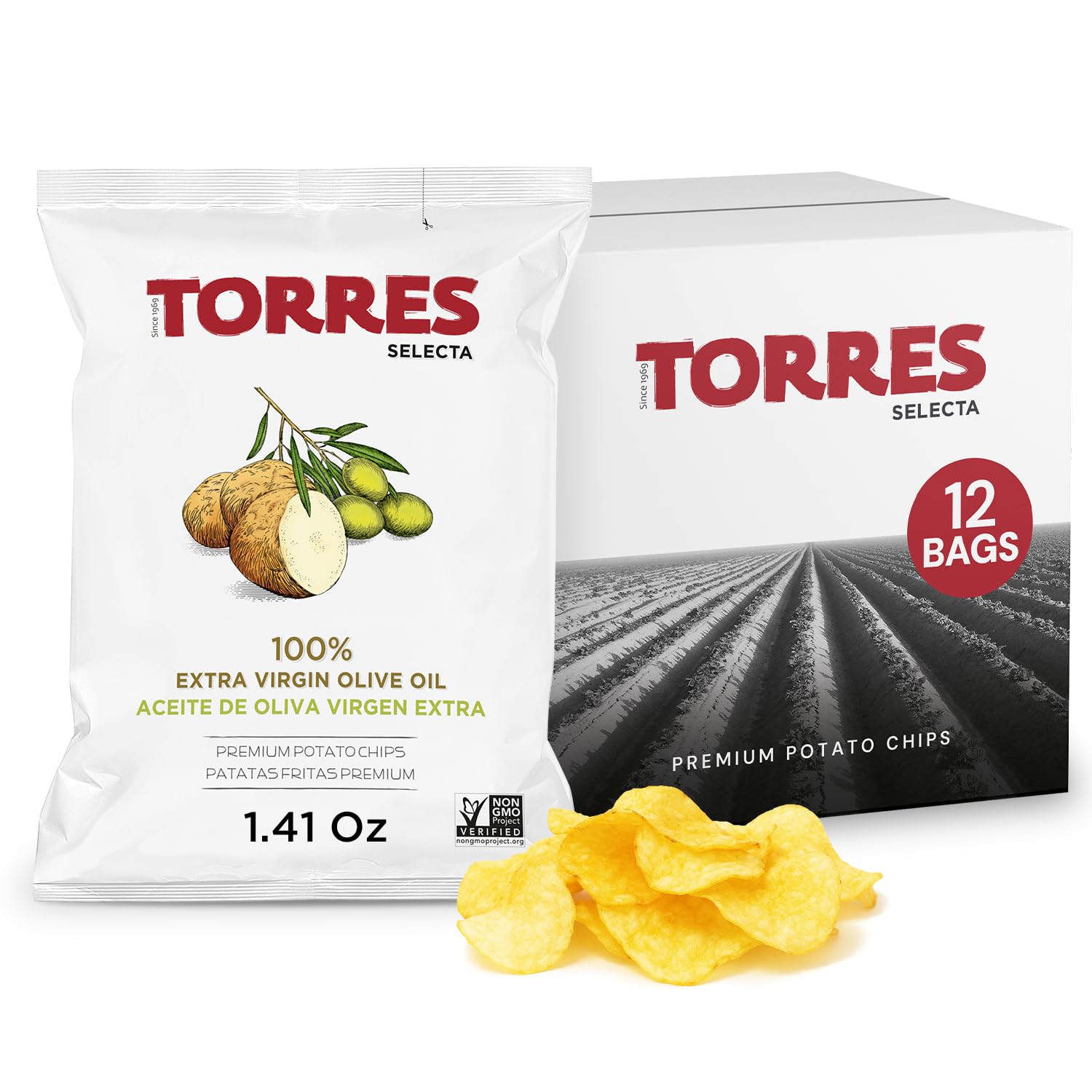 TORRES Selecta Gourmet Potato Chips - Small Batch Artisan Kettle Chips - Extra Virgin Olive Oil - 4.41 oz. (Pack of 6)