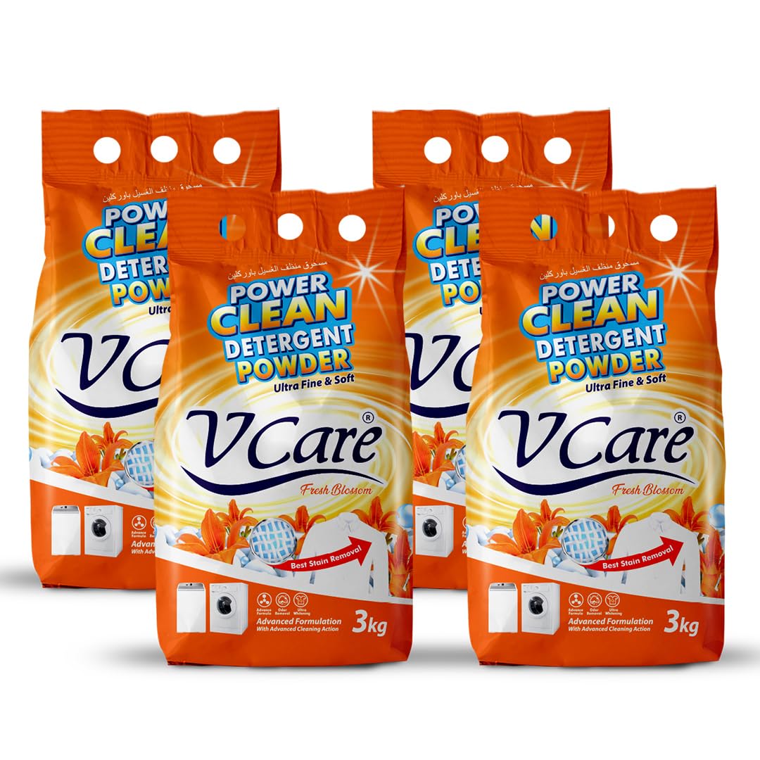 VCare Power Clean Laundry Detergent Powder 3kg Pack of 4- Effortless Stain Removal - Removes Odour and Provides Advanced Cleaning Formula with Fresh Blossom Scent- 12kg