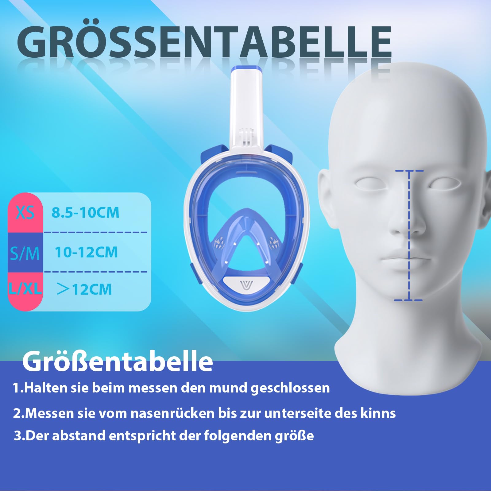 Vitare Schnorchelmaske für Erwachsene und Kinder, Tauchmaske Vollgesichtsmaske, 180° Panorama Taucherbrille mit Schnorchel, Schnorchelset mit Kamera Clip, Antibeschlag Tauchmaske Ganzes Gesicht