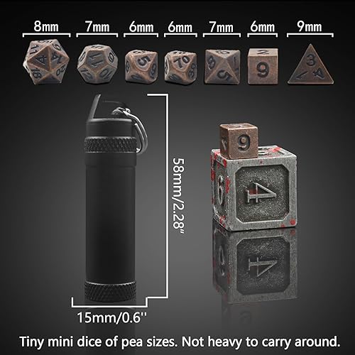 Miniatura 35 de PJOY Juego de dados pequeños DND con estuche de collar D20 hueco de bronce, llavero portátil de 7 piezas, llavero de bronce antiguo, juego de dados
