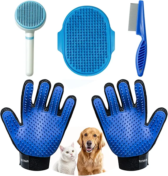 NVNAN 4Piece Dog Grooming Brush Set with Grooming Gloves, Deshedding Comb & Massage Bath Brush - Multifunctional Pet Hair Removal Tools for Shedding, Bathing, Brushing (Blue)
