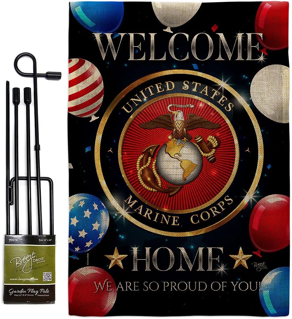 Welcome Home Marine Corp Burlap Burlap Garden Flag Set with Stand Armed Forces Corps USMC Semper Fi United State American Military Veteran Retire Official Gift Yard House Double-Sided 13 X 18.5