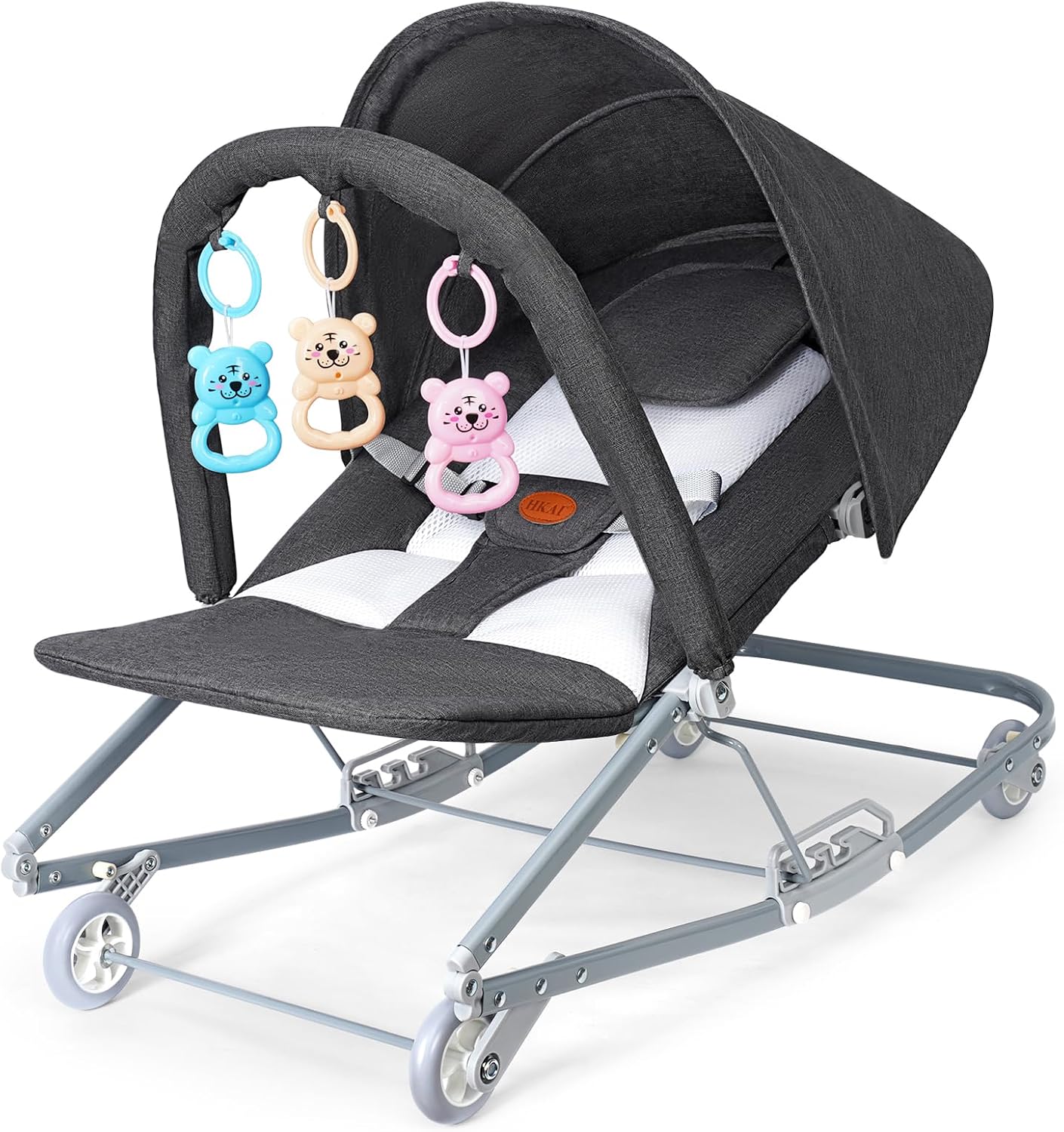 HKAI Rocking Baby Bouncer with Canopy, 2-Mode Rocking & Rolling Infant Seat, Portable Baby Chair for 0-18 Months(Grey)