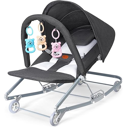 HKAI Baby Bouncer with Canopy, 2-Mode Rocking & Rolling Infant Bouncer Seat, Portable Baby Chair for 0–18 Months (Grey)