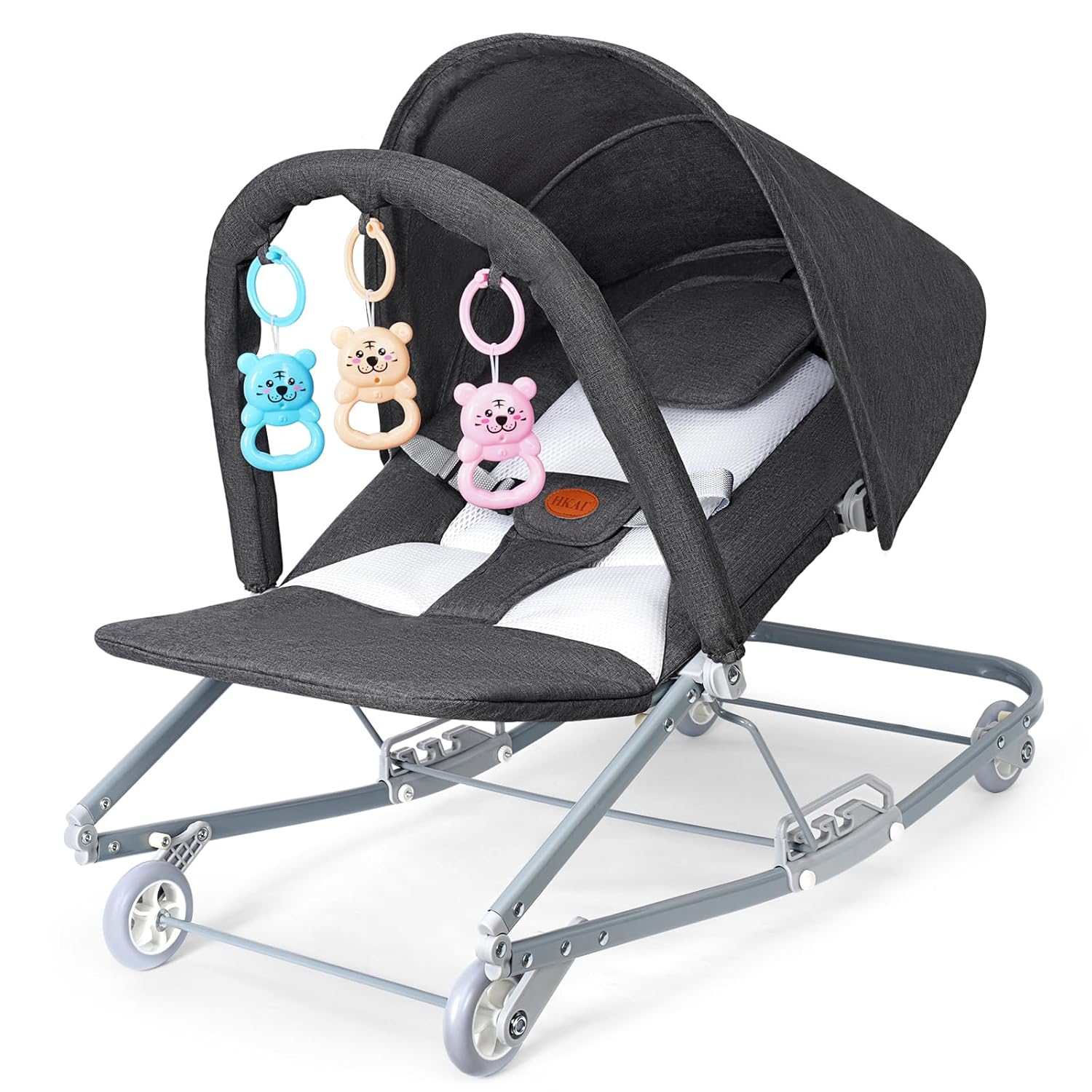 HKAI Baby Bouncer with Canopy, 2-Mode Rocking & Rolling Infant Bouncer Seat, Portable Baby Chair for 0–18 Months (Grey)