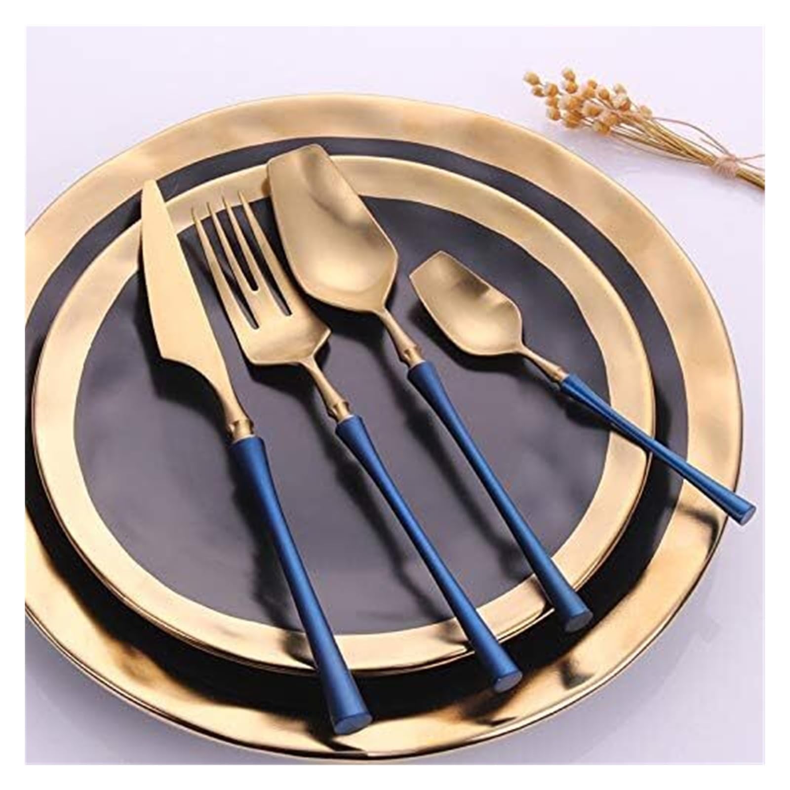 Cucharas-tenedor de acero inoxidable, juego de platos, cubiertos, juego de 4 piezas de acero inoxidable 304 con diseño creativo (cuchillo, tenedor y cuchara), vajilla estilo occidental, azul y dorado.