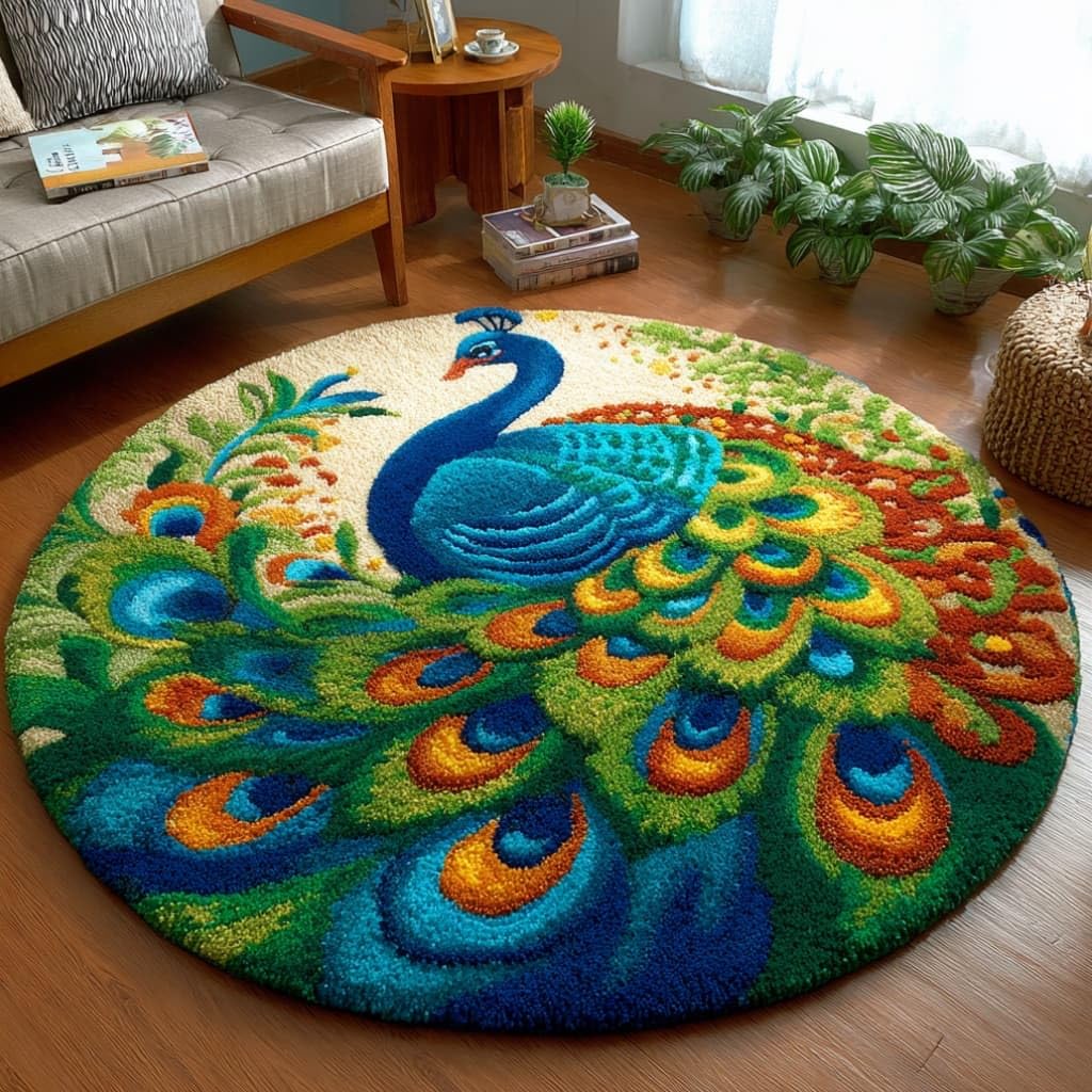 kitphoenix Round DIY Latch Hook Rug Kits Peacock 20X20Inch (50X50Cm) Easy for Beginners Round Carpet Crochet Yarn Craft Large Rug Hook and Latch Tapestry for Home Decor