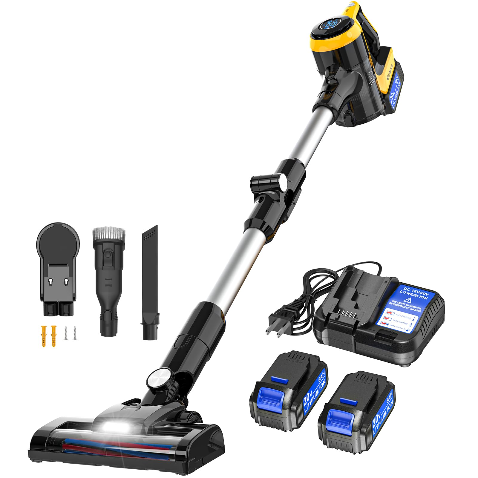 Cordless Stick Vacuum Cleaner for DeWalt Battery, 350W Brushless Motor, 30KPa Suction, 6-in-1 180° Bendable Wand, Smart Screen 2x5AH Batteries & Charger – Hardwood Floors, Carpets & Pet Hair Removal