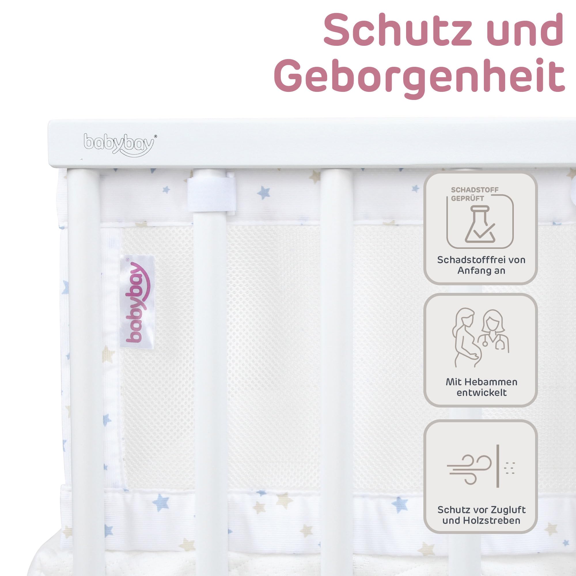 babybay Paracolpi in rete piqué 3D adatto per modello Boxspring XXL, bianco mix stelle sabbia/azzurro
