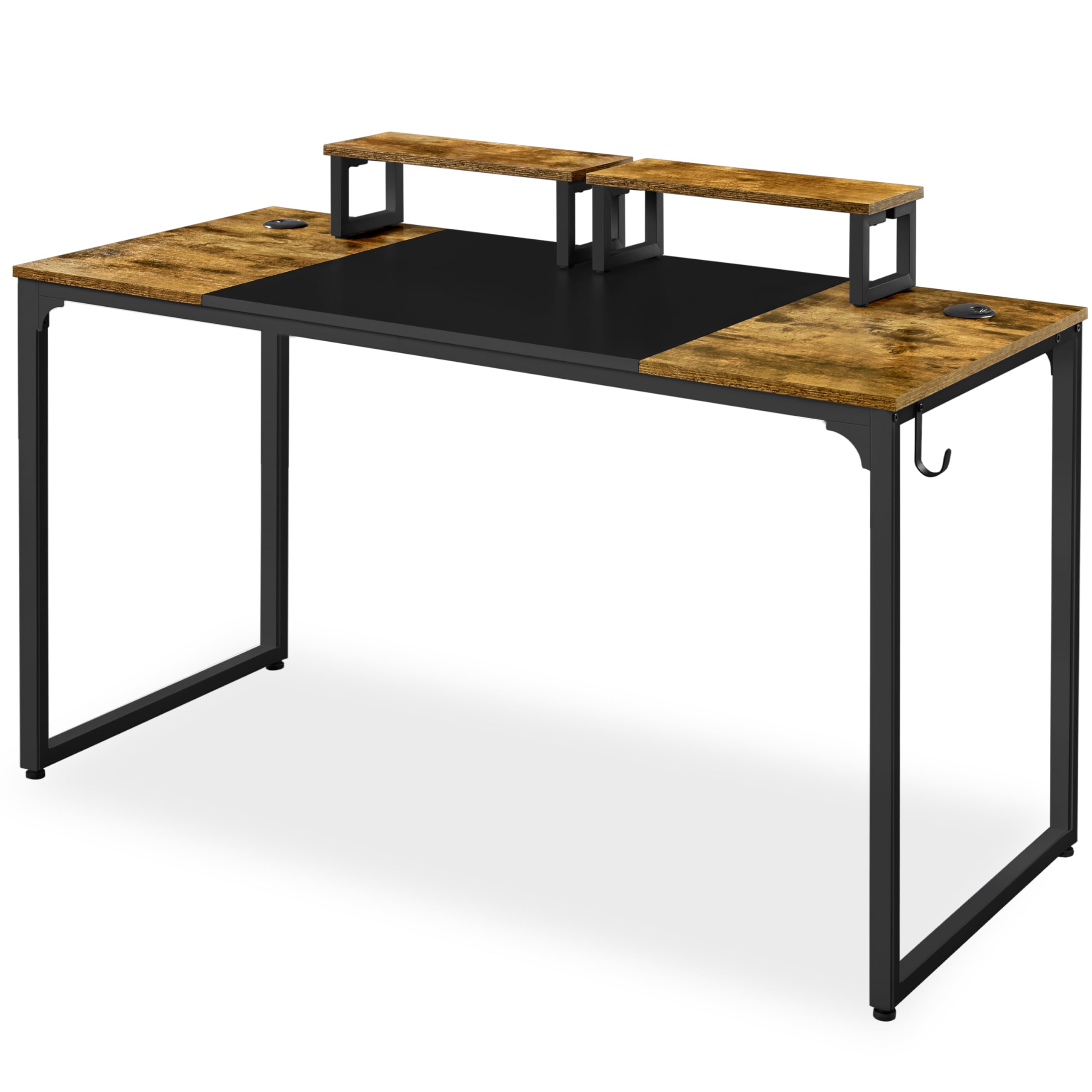 Yaheetech Escritorio con Soporte para Monitor 140x60x89cm Mesa de Computadora de Estilo Industrial para Oficina o Estudio Incluye 2 Orificios para Cables y Gancho en Tono Marrón Rústico
