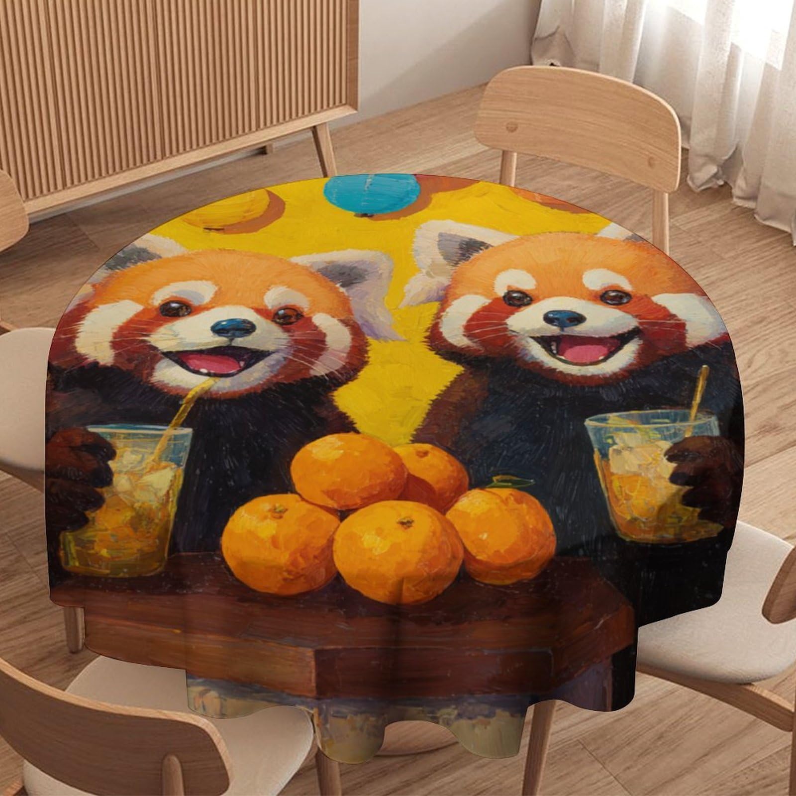 LUYYSKY Cute Rustic Red Panda Round Tablecloth Colorful Vintage Botanical Plants Animals Red Pandas Print Washable Decor for Table Cover for Kitchen-127 Wx127 L cm