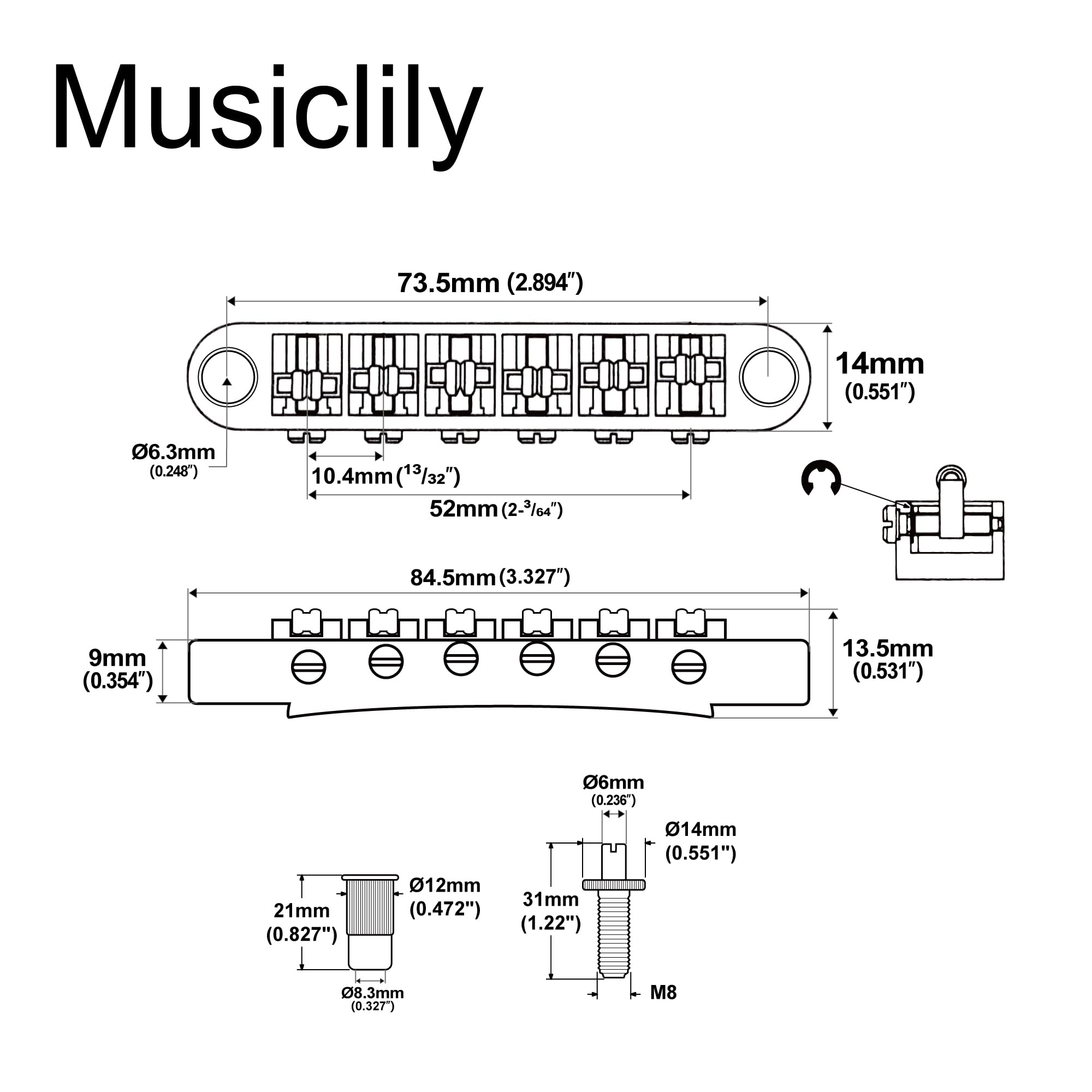 Musiclily Pro Rolkowe Siodełka Mostek Tune-O-Matic Roller Saddle Bridge do Gitary Elektrycznej Les Paul LP SG, Nikiel