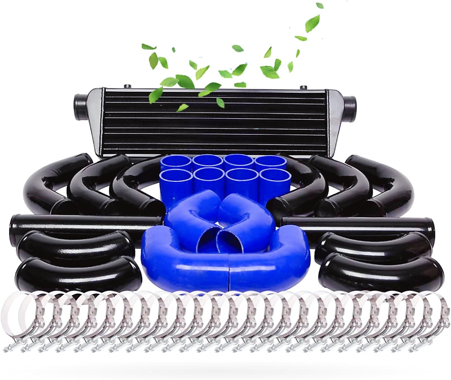 SUNROAD Aluminum hoses and Fin Front Mount Intercooler Set 49pcs Compatible with Toyota 4Runner 4.0L 1985 1983 1979, 1 Intercooler & 12pcs 2.5" Black Chrome hoses etc., Blue