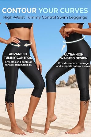 Holipick Womens Plus Size Swim Capris High Waisted Swim Pants Drawstring UPF50+ Long Swim Shorts