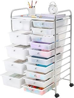 VEVOR Rollwagen mit 15 Schubladen Rollcontainer Doppelreihe 635x390x965mm, Metallgestell, Ablagefläche, Handgriffe, Lenkrolle mit 2 Bremsen, Mobiler Aufbewahrungswagen für Büro Werkstatt Bastelzimmer