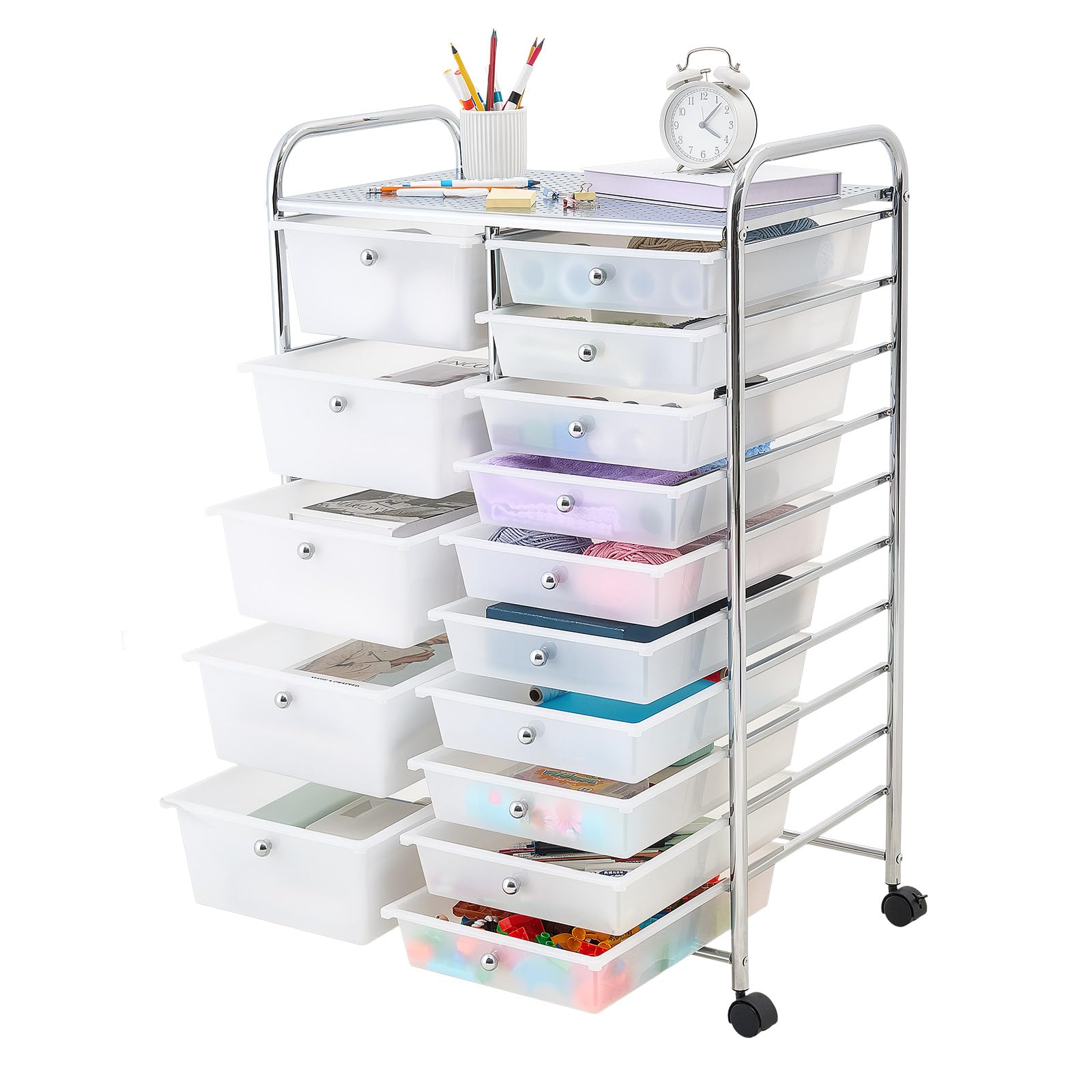 VEVOR Carrello Multiuso con Cassetti Organizer a Doppia Fila con 15Cassetti, Carrello Portaoggetti, Telaio in Acciaio Cromato, Ruote Girevoli a 360° con 2 Freni, Ideale per Ufficio, Garage e Studio