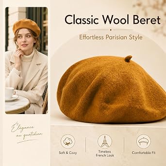 Wool Beret hat Women, Female Autumn and Winter England Retro Hundred with Autumn Candy Colour Painter Octagonal Beret - Ginger
