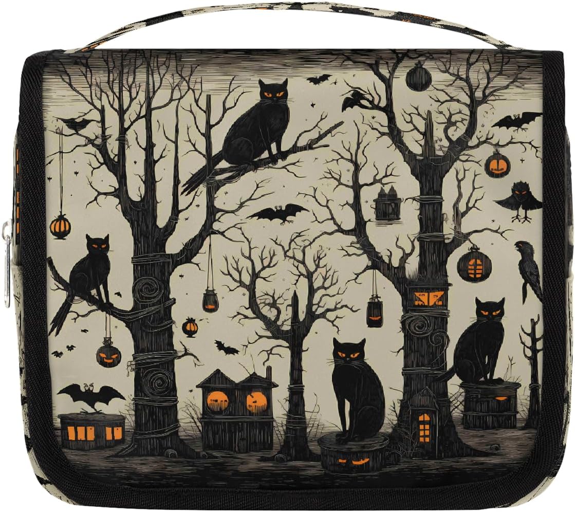 Trousse de toilette à suspendre pour Halloween, motif chat noir, trousse de toilette de voyage, trousse de toilette pour cosmétiques, accessoires de maquillage, trousse de douche, pochette de beauté Trousse de toilette à suspendre pour Halloween, motif chat noir, trousse de toilette de voyage, trousse de toilette pour cosmétiques, accessoires de maquillage, trousse de douche, pochette de beauté
