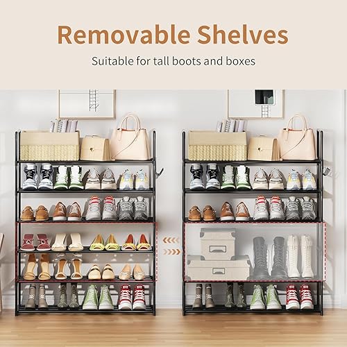 Miniatura 4 de Organizador de zapatos de metal, zapatero de 6 niveles con ganchos, se adapta a 24-30 pares, estante de zapatos ajustable para entrada, pasillo,