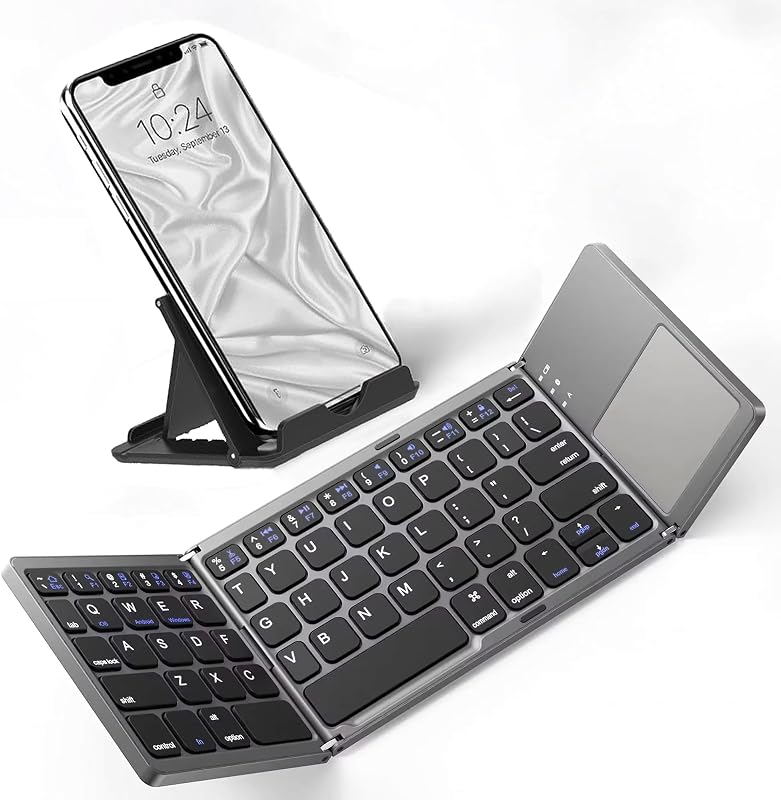 Slim Foldable Wireless Keyboard Compatible with Asus ROG Phone 6 Pro with TOUCHPAD Mouse Fully Universal Providing 48H Use, 560 Days Standby, Portable, Compact, Tri-Fold, Rechargeable!