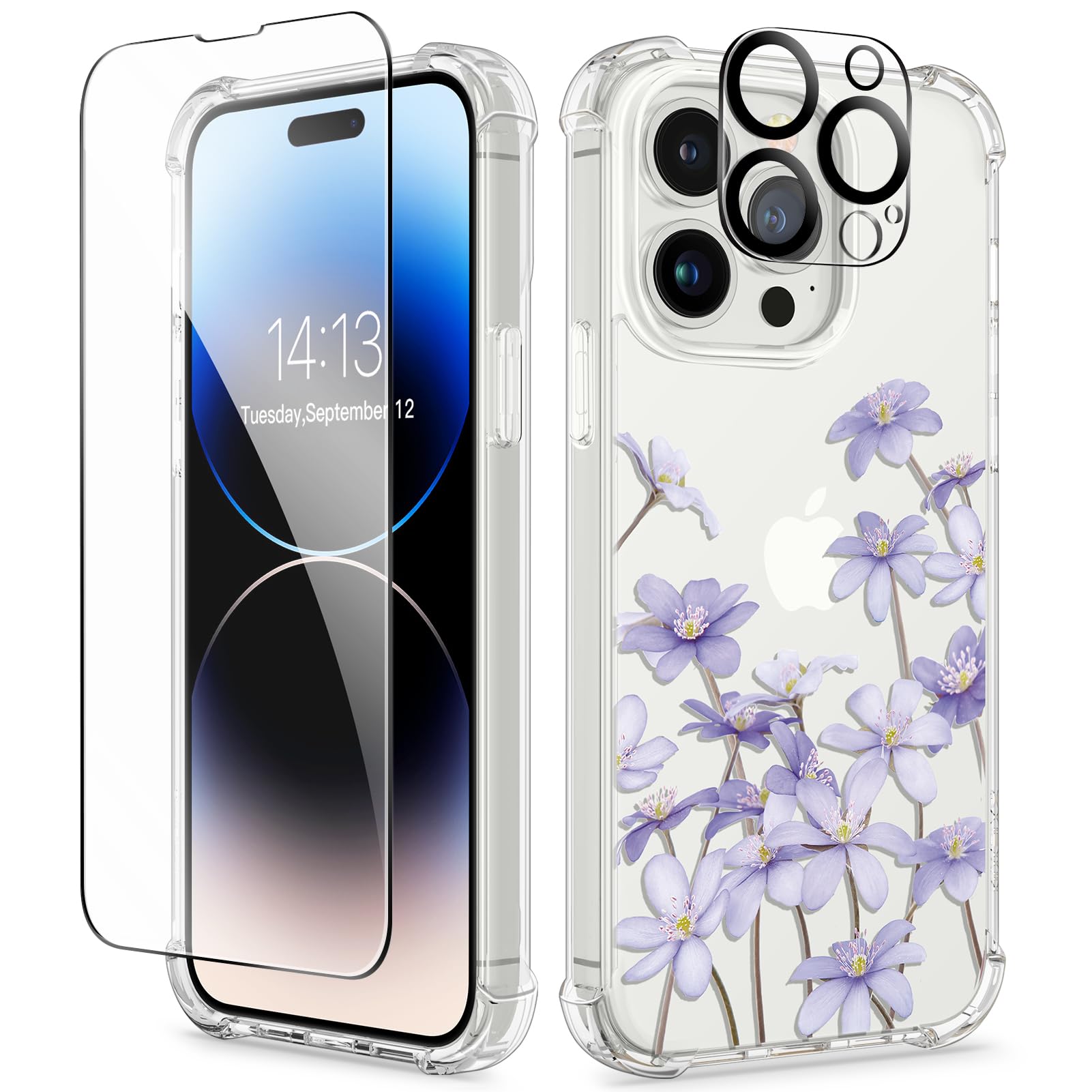 GVIEWIN for iPhone 14 Pro Case with Screen Protector & Camera Lens Protector, Floral Slim Shockproof Protective Hard PC+TPU Bumper Flower Women Phone Cover for 14 Pro, 6.1" (Hepatica/Purple)