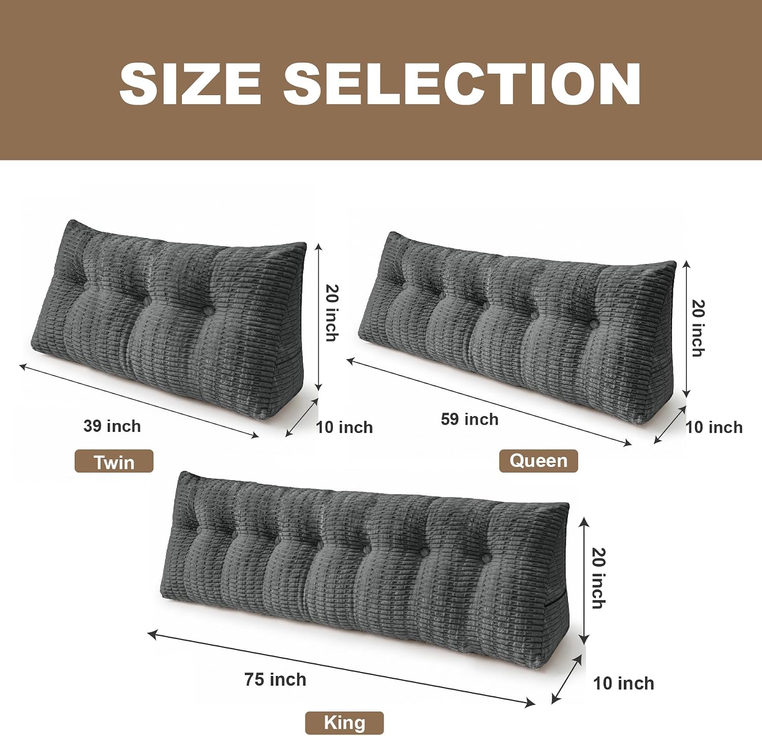 Headboard Pillow Queen, Wedge Pillow for Headboard, Backrest Pillows for Reading, Sitting, Working in Bed, Daybed Soft Pillows with Removable Cover for Bed Dorm Sofa, Dark Grey