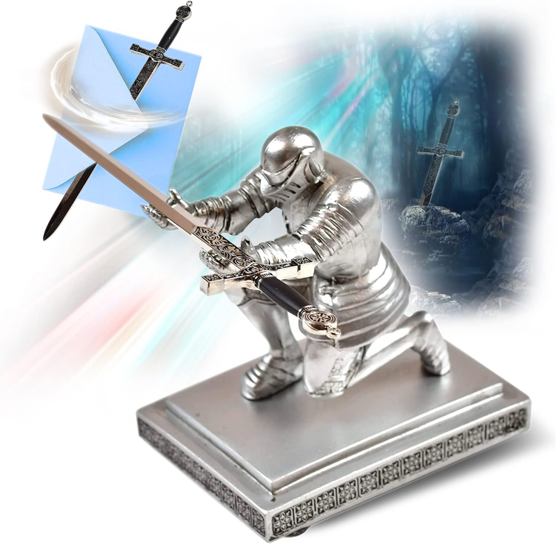 Swords and more King Arthur’s Excalibur Sword – Steel Sword Letter Opener with Resin Sword Pen Holder Knight, Miniature Sword, Office Desk Accessory Sword Gift for Collectors, Exclusive Set