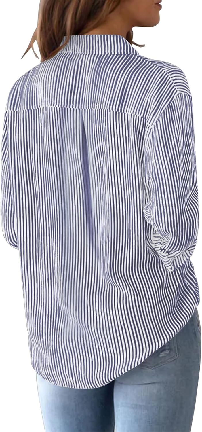 Striped Button Down Shirts for Women Cotton Dress Shirts Long Sleeve Collared Blouses Work Business Casual Tops - Image 4